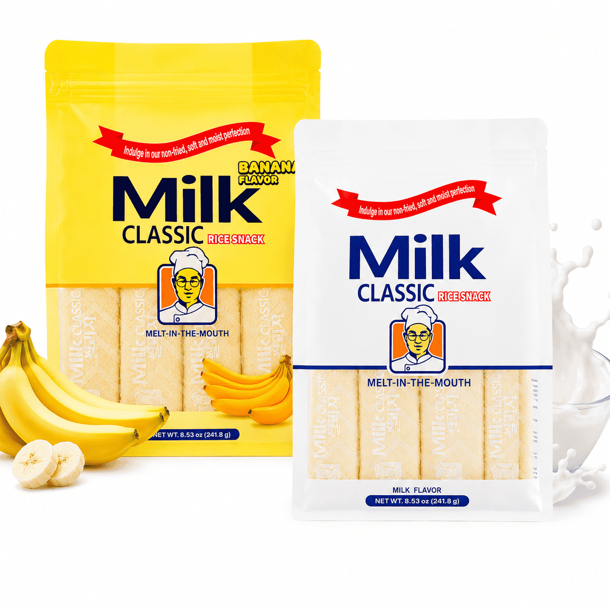 Milk Classic Korean Rice Snack Variety Pack, Banana & Milk Flavor, Non-Fried Individually Wrapped Crispy Puff Snacks, 8.53 oz Each, 2 Pack