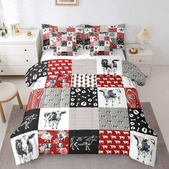 Milk Cow Bed in a Bag King Size Comforter Set 7 Pieces,Farm Animals Bedding Set,Western Cowboy Bull Cattle Sheet Set Rustic Flowers Bed Set,Red Patchwork Buffalo Plaid Farmhouse Decor