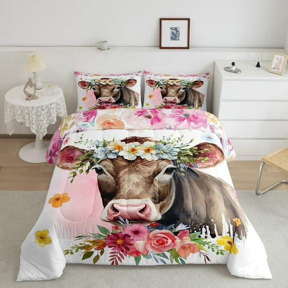 Milk Cow Bedding Set , Bohemian Flowers Quilt Bull Cattle Farm Animals Comforter Set Twin Watercolor Floral Wildlife Duvet Insert,Rustic Farmhouse Decor
