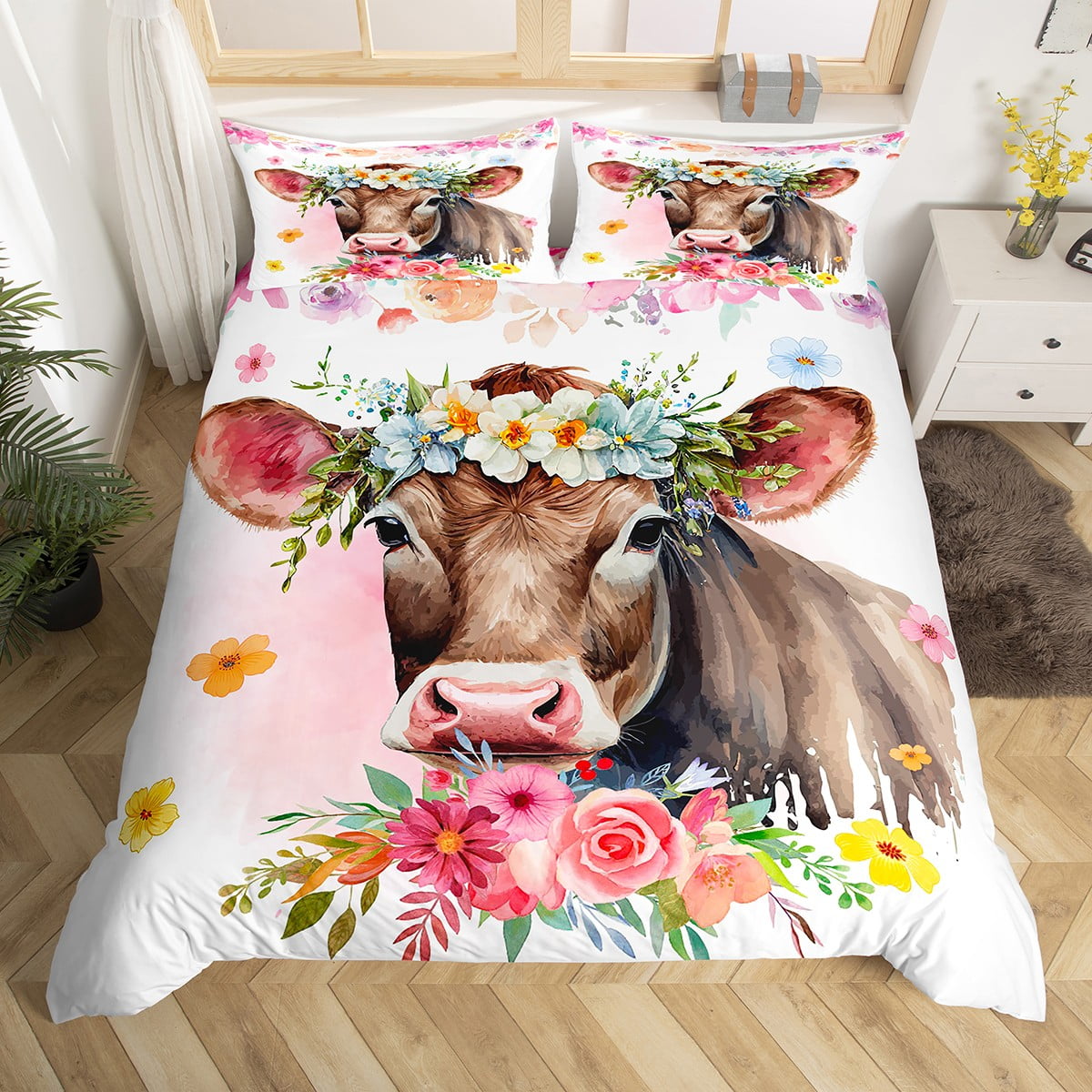 Milk Cow Bedding Set for Boys,Girls Bohemian Flowers Comforter Cover