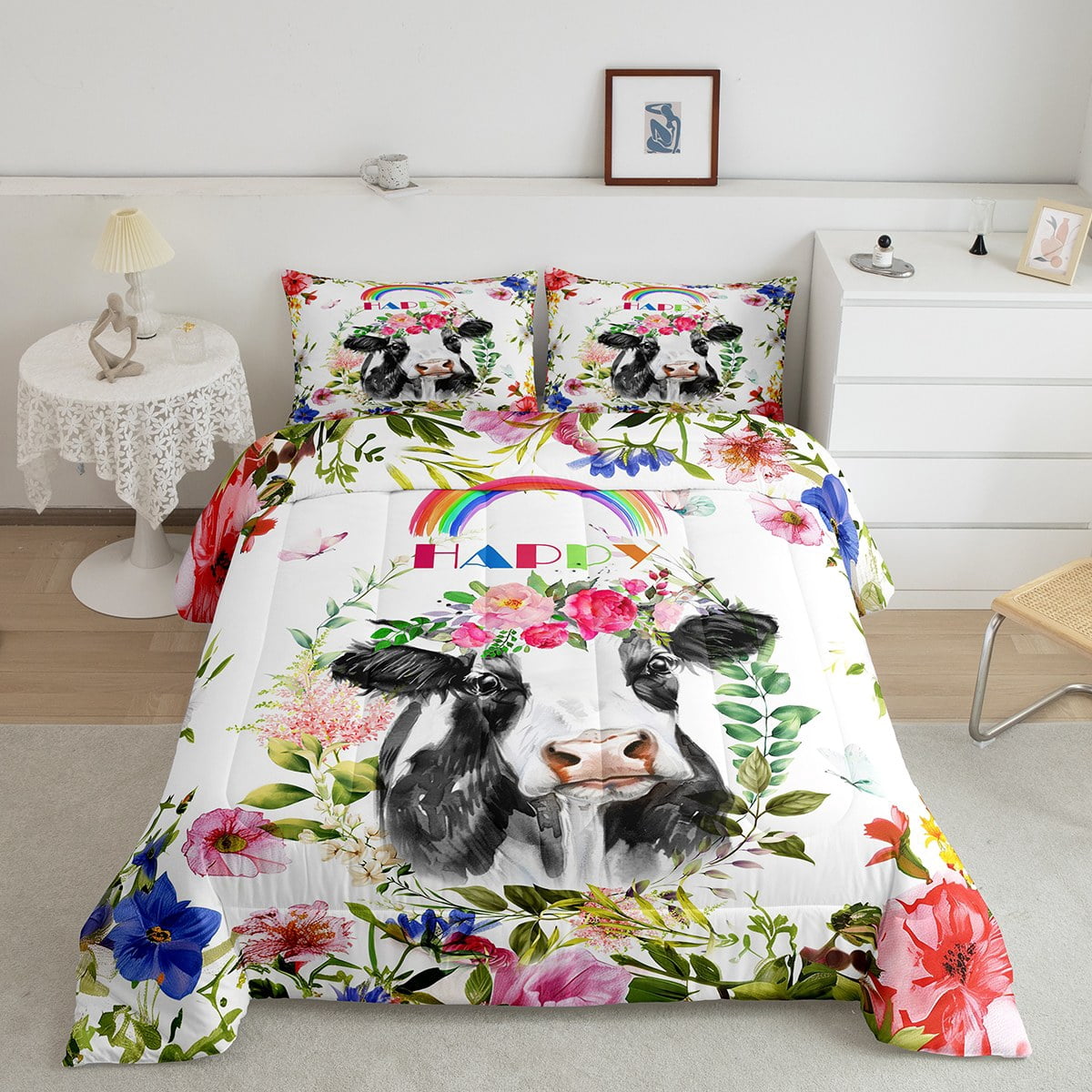 Feelyou Cow Print Comforter Set - Twin Size Bedding With Pillow Sham, Microfiber, Black White Pink Cartoon Design
