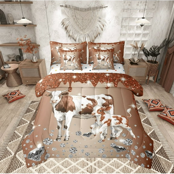 Milk Cow Comforter Set 7 Piece Bed in a Bag Twin,Brown Sequin Fluid Art Bedding Set,Crystal Diamond Comforter and Sheet Set Farm Animals Bed Set,Farmhouse Bull Cattle Western Decor