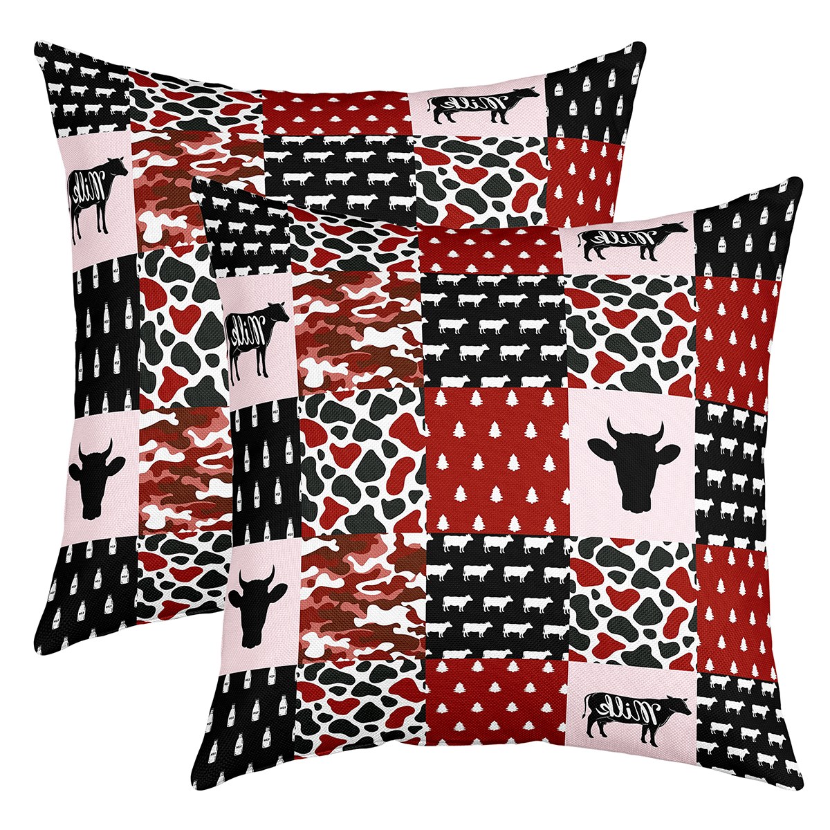 Milk Cow Pillow Covers 24x24 inch set of 2,Red Black Cow Print
