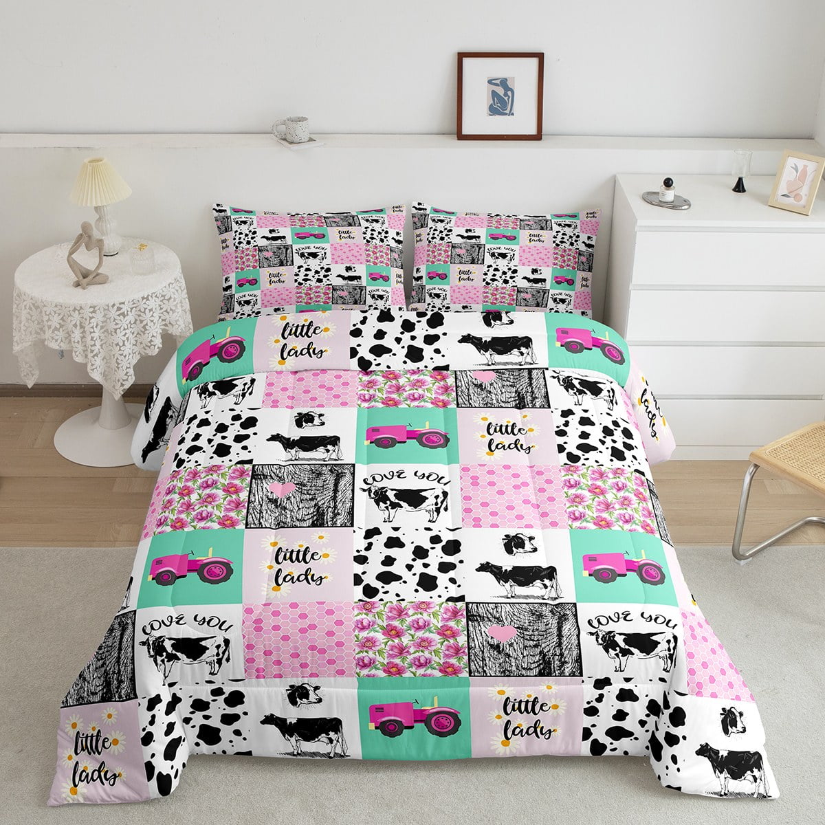 Milk Cow Print Bedding,Pink Farm Construction Trucks Tractor Comforter