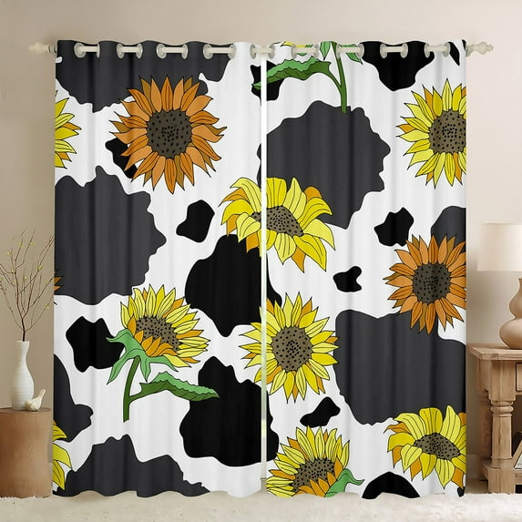 Milk Cow Print Blackout Curtains,Gray Black and White Cow Spots Window Curtains,Yellow Sunflower Floral Curtains & Drapes,Rustic Farm Animal Skin Window Treatments