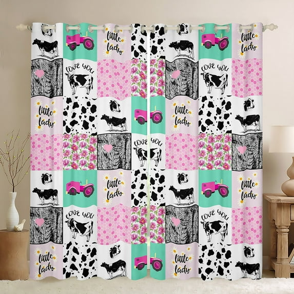 Milk Cow Print 30%-50% Blackout Curtains,Pink Farm Construction Trucks Tractor Window Curtains,Rustic Farmhouse Animal Curtains & Drapes