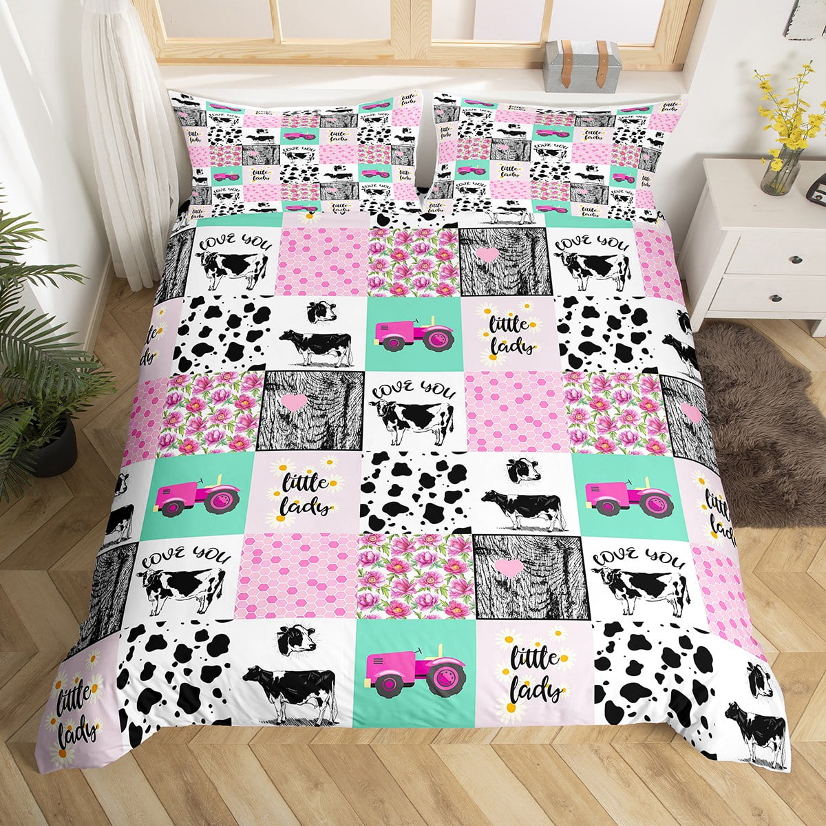 Milk Cow Print Comforter Cover,Pink Farmhouse Tractors Construction