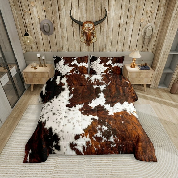 Milk Cow Print Full Comforter Set for Men,Black Brown Cowhide Western Bedding,Farmhouse Rustic Animal Skin Down Comforter,Bull Cattle Wildlife Quilt Cowboy Bohemian Exotic Decor