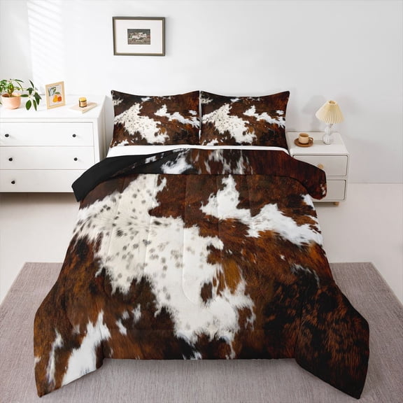 Milk Cow Print Queen Comforter Set for Men,Black Brown Cowhide Western Bedding,Farmhouse Rustic Animal Skin Down Comforter,Bull Cattle Wildlife Quilt Cowboy Bohemian Exotic Decor