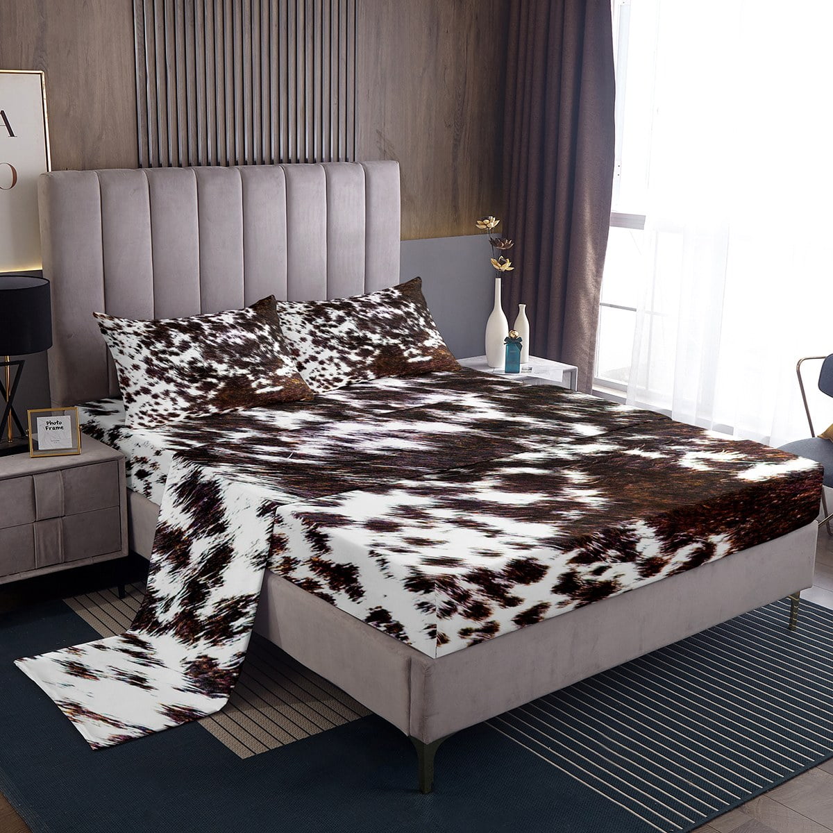 Milk Cow Print Sheet Set for Boys Girls,Brown Black Highland Cow