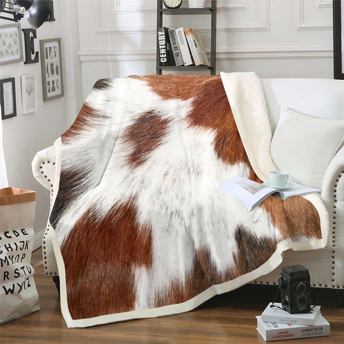Milk Cow Print Throw Blanket for Bed Chair,Brown Highland Cow Cowhide