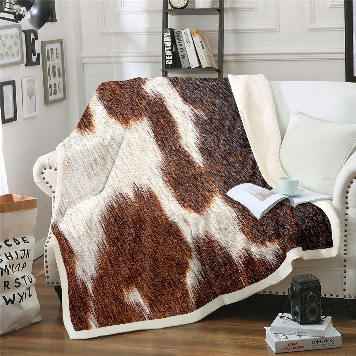 Milk Cow Print Throw Blanket,Brown Highland Cow Cowhide Fleece Blanket
