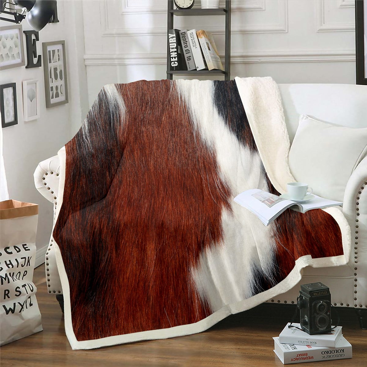 Milk Cow Print Throw Blanket for Home,Black Brown Highland Cow Cowhide
