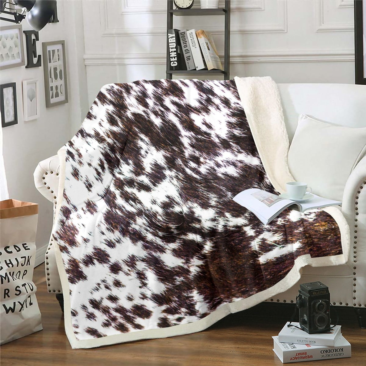 Milk Cow Print Throw Blanket for Home,Brown Black Highland Cow Cowhide