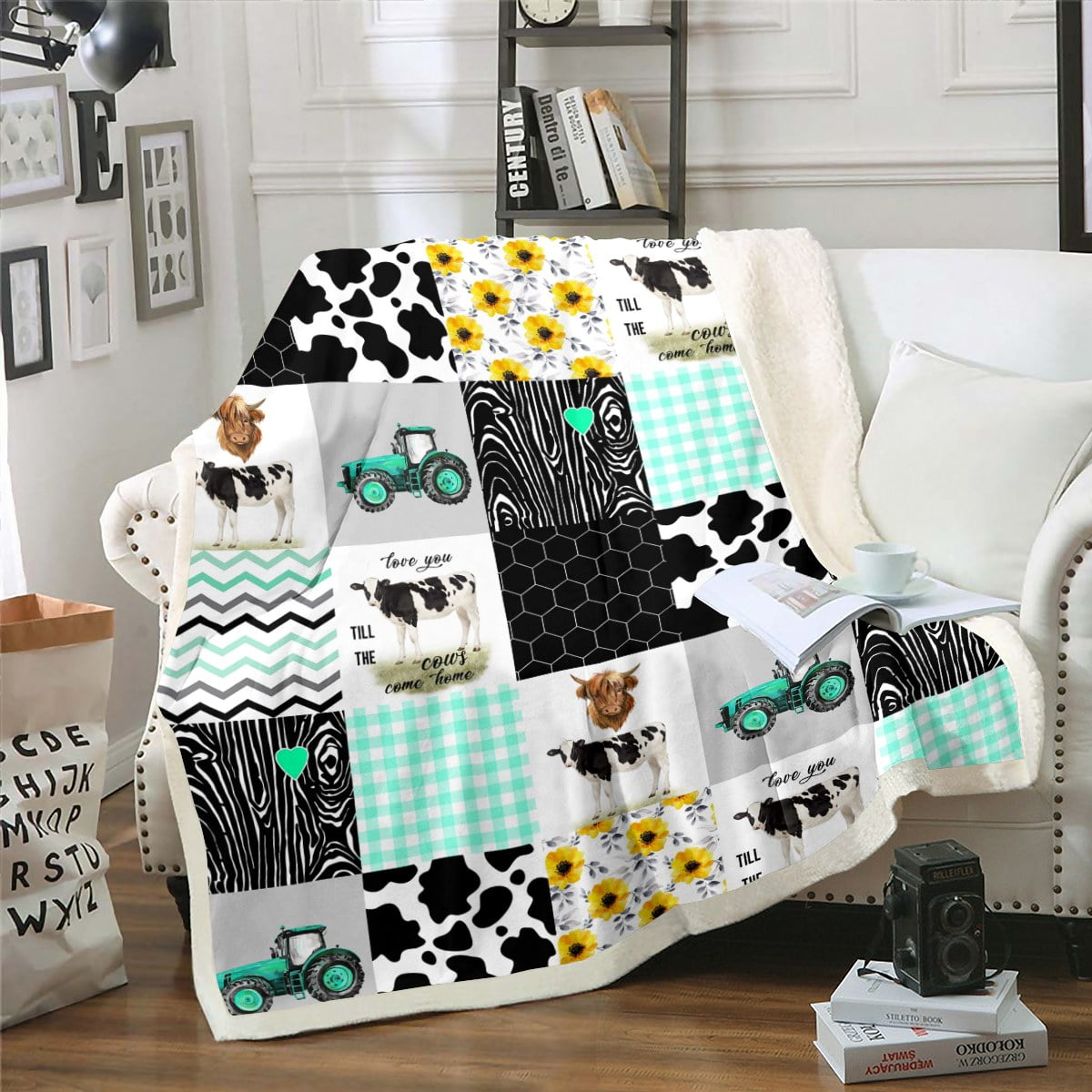 Milk Cow Print Throw Blanket,Tractor Construction Trucks Blanket for