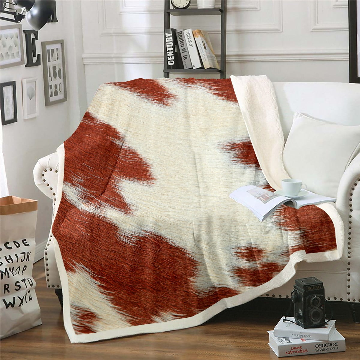 Milk Cow Print Throw Blanket for Women,Red Brown Highland Cow Cowhide