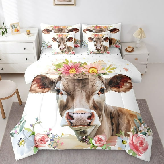 Milk Cow Queen Comforter Set 7 Piece, Bohemian Flowers Bed in a Bag with Sheets,Bull Cattle Farm Animals Bedding Sets with 1 Comforter,2 PillowShams,2 Pillowcases,1 Flat Sheet,1 Fitted Sheet