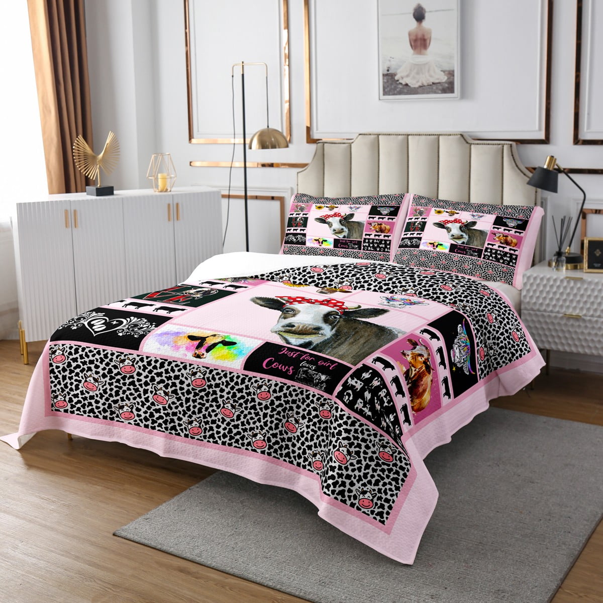 Milk Cow Quilt Set Black and White Cow Print Bedspread Set Queen,Farm Animals Coverlet Set