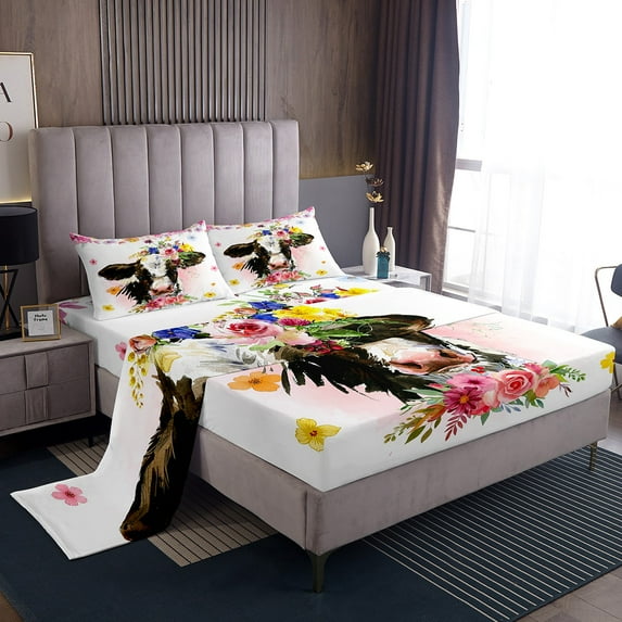 Milk Cow Sheet Set , Flowers Sheets Bull Cattle Farm Animals Bed Sheets Set Twin Watercolor Floral Bohemian Bedding Set,Rustic Farmhouse Decor