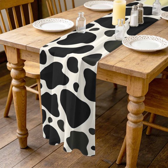 Milk Cow Spots Pattern 4.5ft Cheesecloth Table Runner for Wedding 19"x55", Yellow Black Abstract Kitchen Dinner Sheer Tulle Chiffon Dresser Scarf, Holiday Party Decorations
