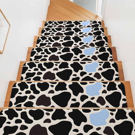 Milk Cow Spots Pattern Stair Treads Non Slip for Steps Blue Black Abstract 15 Pcs Reusable Adhesive Stair Runner Mats for Dogs Elders Carpet Treads Rugs for Staircase 8x30 In
