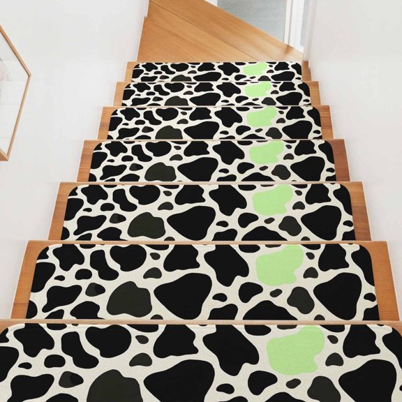 Milk Cow Spots Pattern Stair Treads Non Slip for Steps Green Black Abstract 15 Pcs Reusable Adhesive Stair Runner Mats for Dogs Elders Carpet Treads Rugs for Staircase 8x30 In