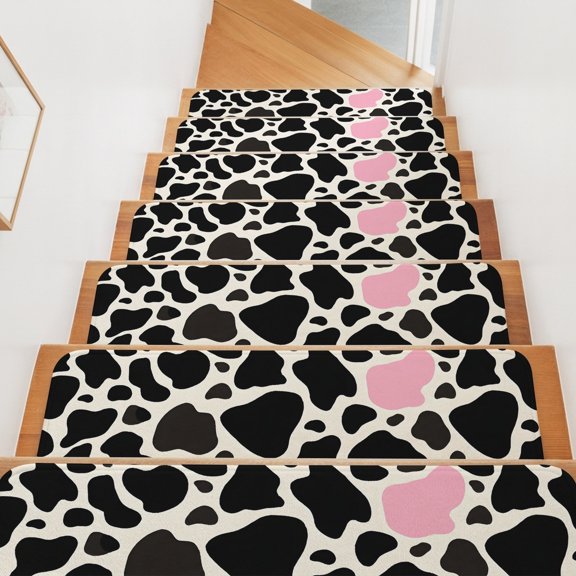 Milk Cow Spots Pattern Stair Treads Non Slip for Steps Pink Black Abstract 15 Pcs Reusable Adhesive Stair Runner Mats for Dogs Elders Carpet Treads Rugs for Staircase 8x30 In