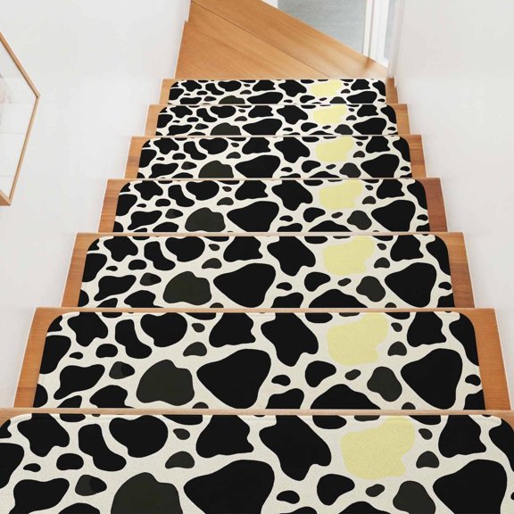 Milk Cow Spots Pattern Stair Treads Non Slip for Steps Yellow Black Abstract 15 Pcs Reusable Adhesive Stair Runner Mats for Dogs Elders Carpet Treads Rugs for Staircase 8x30 In