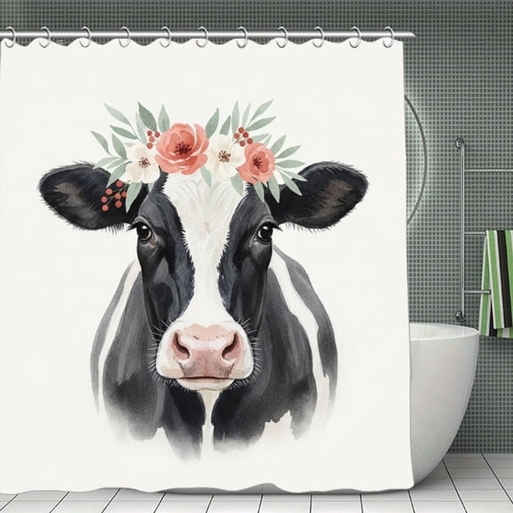 Milk Cow with Flowers Print Shower Curtain,Modern Fabric Waterproof Shower Curtain Set with Hooks 70.8×70.8Inch (180×180cm)