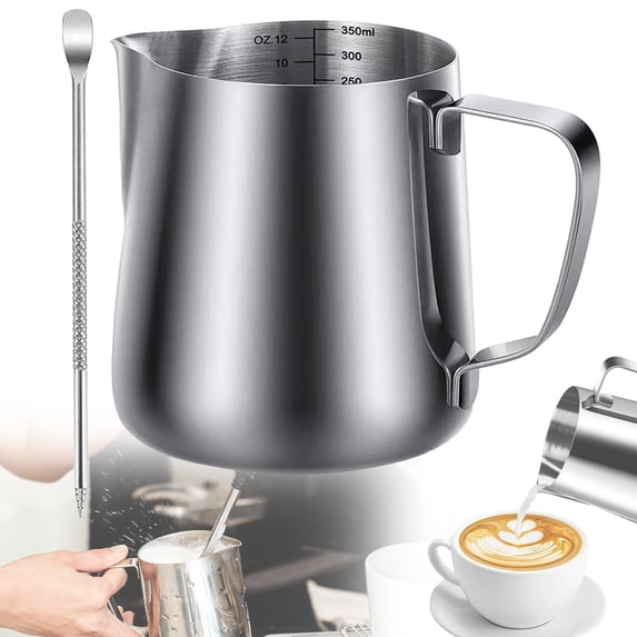 Milk Frother Cup, Milk Steamer Cup, Espresso Milk Frothing Pitcher, Stainless Steel Milk Frother with Measurement Marks, Espresso Steaming Pitcher with Decorating Pen 4.13x3.62 Inch (1Pcs)