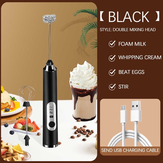 Milk Frother Handheld, 3-Speed Electric Whisk Beater, Rechargeable Coffee Frother with 2 Stainless Steel Replacement Whisk-Heads for Lattes, Cappuccino, Matcha, Egg(Black)