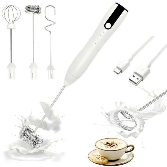 Milk Frother Handheld for Coffee, Electric Whisk 3 Speed Adjustable, Drink Mixer with Stainless 3 Whisks, Rechargeable Hand Frother Wand, Foam Maker for Latte Cappuccino,White