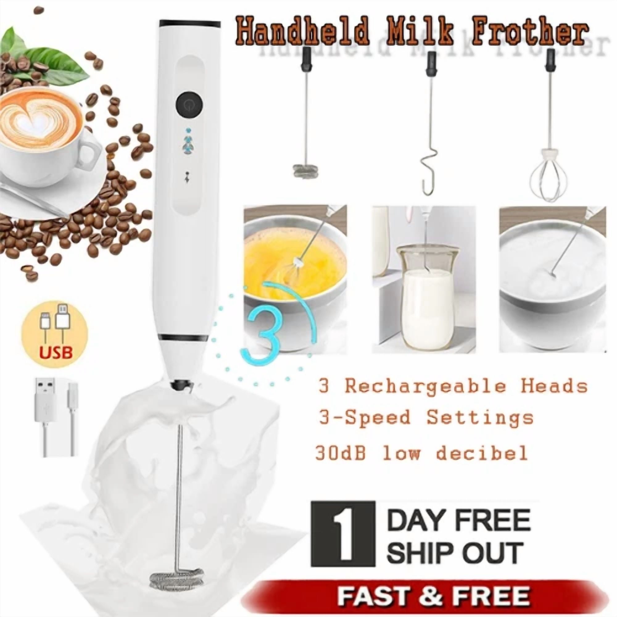 Milk Frother Handheld Electric Mixer Foam Maker For Coffee Whisk Drink Usb-White