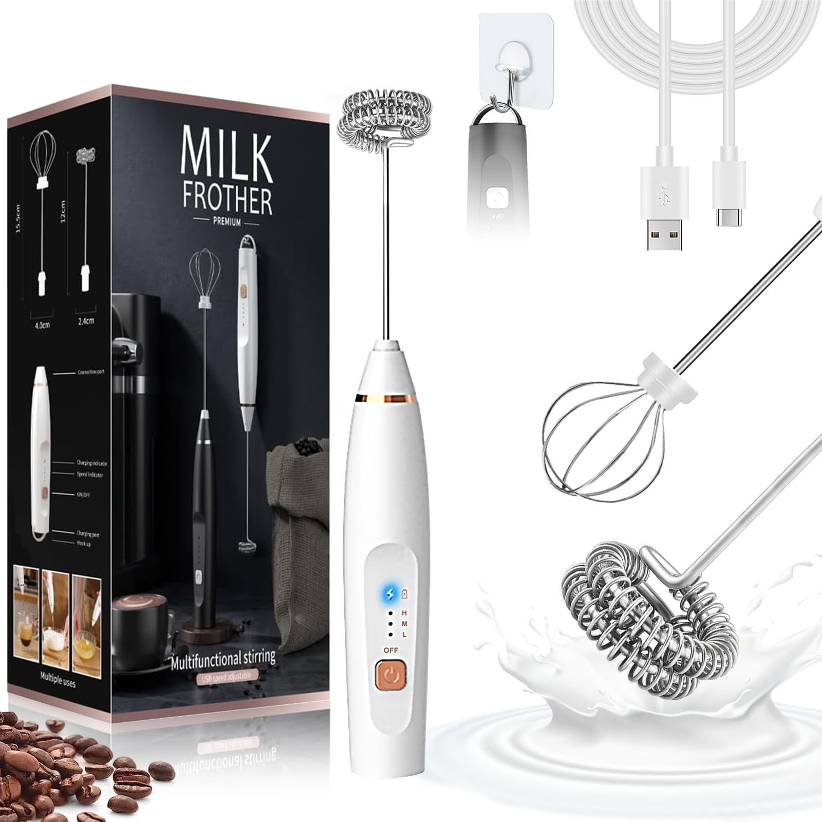 Milk Frother Handheld, Electric Whisk Coffee Frother, Rechargeable Frother  Wand, Hand Held Mixers with 2 Stainless Whisks & 3-Speed Settings for  Coffee Latte Cappuccino Hot Chocolate, White 