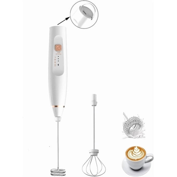 Milk Frother Handheld  Maker with 2 Stainless Stirring  3 Speed Rechargeable Electric Blender Milk Frother Wand Drink Mixer for Cappuccino Matcha Latte Hot  Protein  Egg (White)