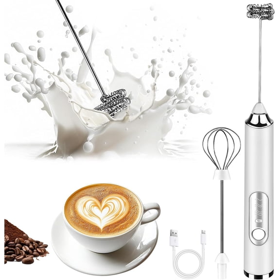 Milk Frother Handheld, Rechargeable Coffee Frother Wand with 2 Stainless Whisks 3 Speeds, Drink Mixer, Electric Foam Maker, Hand Mixer for Lattes, Cappuccino, Matcha, Egg, White