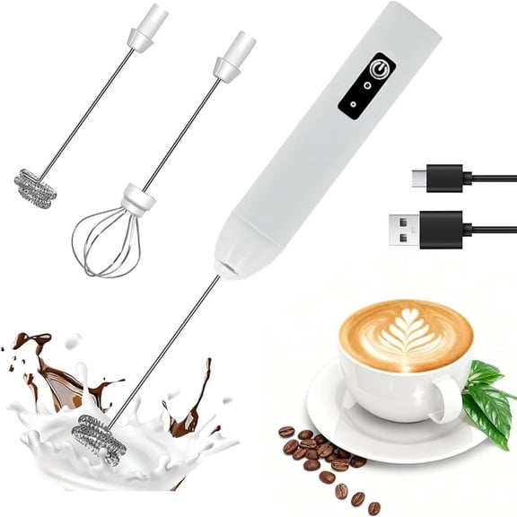 Milk Frother Handheld Rechargeable Electric Frother Wand Coffee Maker with 2 Stainless Stee Whisks & 3 Speeds,Drink Mixer Handheld for for Latte, Cappuccino, Hot , Matcha, Egg (White)
