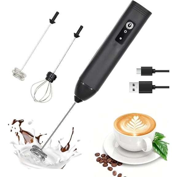 Milk Frother Handheld Rechargeable Electric Frother Wand Coffee Maker with 2 Stainless Stee Whisks & 3 Speeds,Drink Mixer Handheld for for Latte, Cappuccino, Hot , Matcha, Egg (Black)