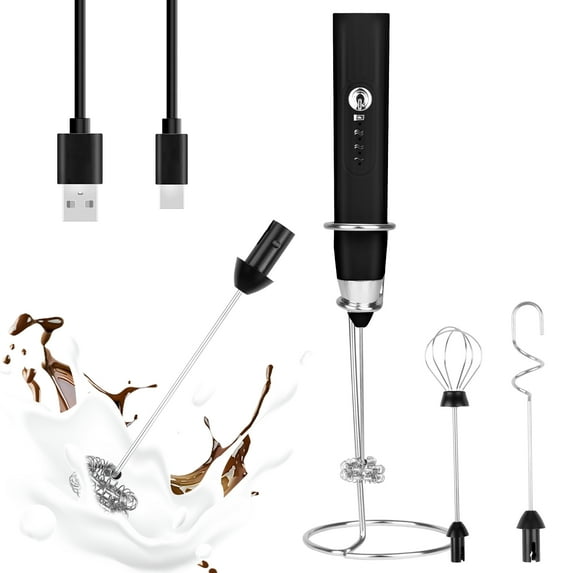 Milk Frother Handheld Rechargeable,Frother Wand Drink Mixer Electric Whisk for Coffee,Detachable With 3 Stainless Whisks,Hand Mixer for Lattes,Cappuccino,Matcha,Egg,Includes Stand,Black