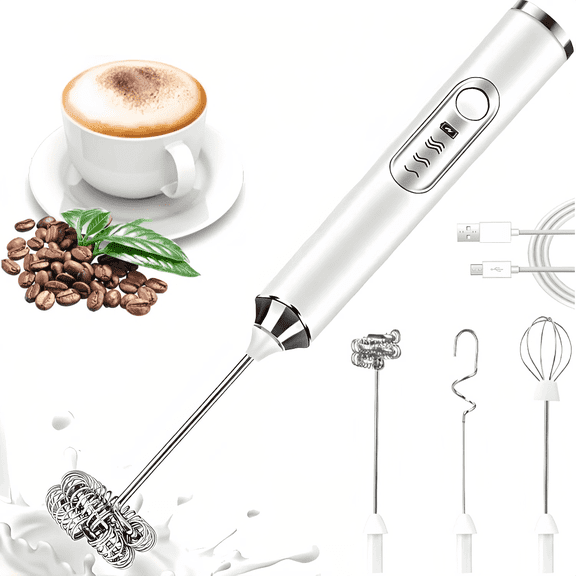 Milk Frother Handheld Rechargeable, Frother Wand Drink Mixer Electric Whisk rotherfor Coffee, Detachable With 3 Stainless Whisks, Hand Mixer for Lattes, Cappuccino, Matcha, Egg, No Stand,White