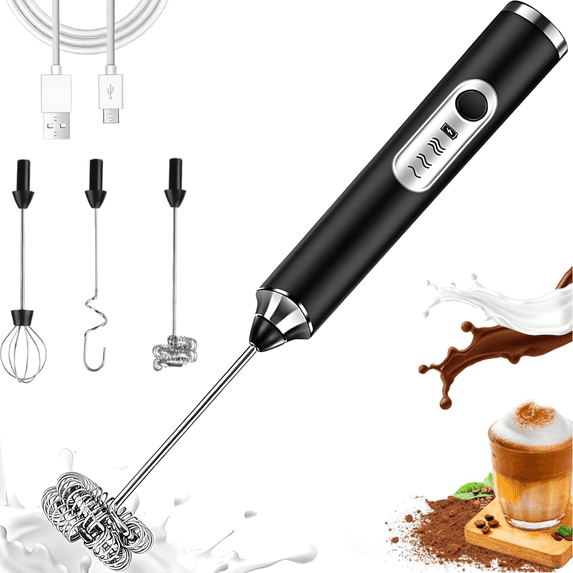 Milk Frother Handheld Rechargeable, Frother Wand Drink Mixer Electric Whisk rotherfor Coffee, Detachable With 3 Stainless Whisks, Hand Mixer for Lattes, Cappuccino, Matcha, Egg, No Stand,Black