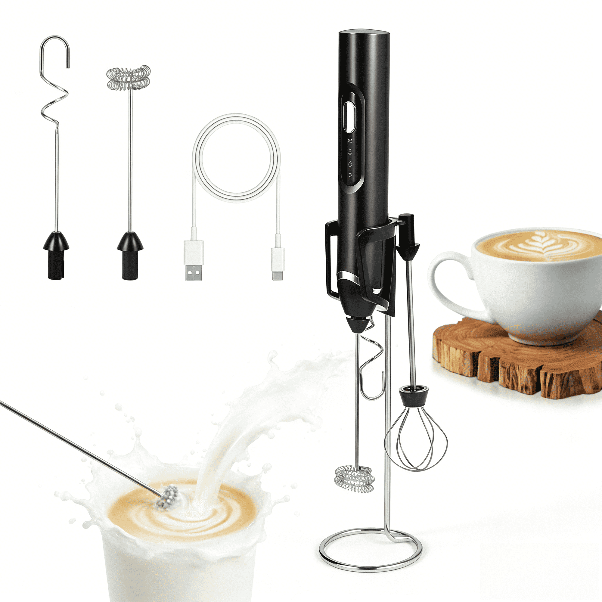Milk Frother Handheld,Rechargeable Frother Wand Hand Mixer Electric Handheld for Coffee,Electric Whisk With 3 Stainless Whisks 3 Speeds Stand,Hand Mixer for Lattes,Cappuccino,Matcha,Egg,Black