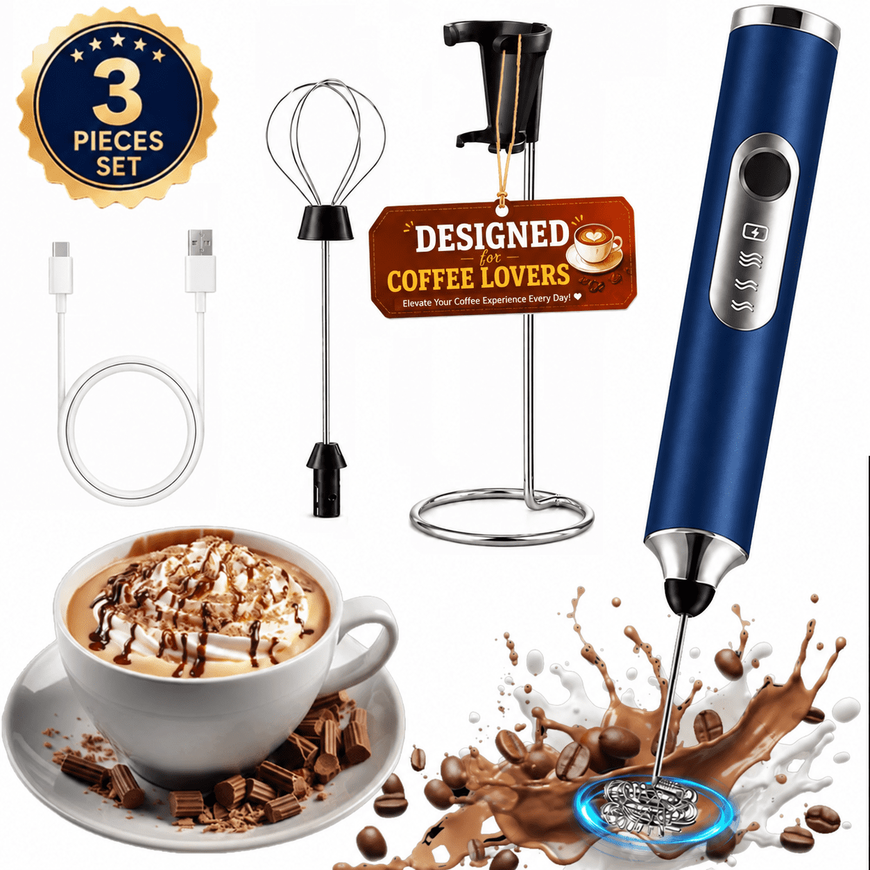 Milk Frother Handheld, Rechargeable Frother Wand with Stand, Electric Whisk Drink Mixer with 2 Heads, Coffee Frother Handheld for Latte, Cappuccino, Matcha, Hot
