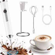 GAZILY  Rechargeable Milk Frother Handheld, USB Coffee Frother Wand with 2 Interchangeable 304 Stainless Steel Whisks & Stand, Drink Mixer for Coffee, Milk Foam, Milk Tea and Eggs, White