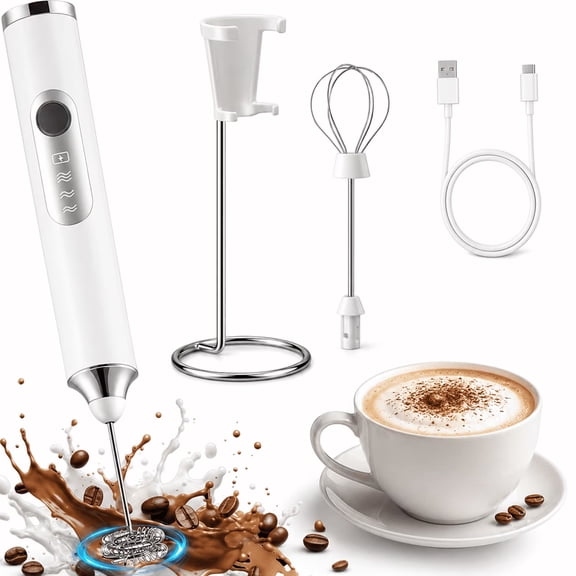 GAZILY® Rechargeable Milk Frother Handheld, USB Coffee Frother Wand with 2 Interchangeable 304 Stainless Steel Whisks & Stand, Drink Mixer for Coffee, Milk Foam, Milk Tea and Eggs, White