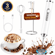 Milk Frother Handheld, Rechargeable Frother Wand with Stand, Electric Whisk Drink Mixer with 2 Heads, Coffee Frother Handheld for Latte, Cappuccino, Matcha, Hot Chocolate, Eggs & Protein-White