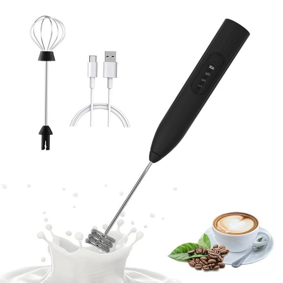 Milk Frother Handheld,Rechargeable Milk Frother 3 Speeds Handheld Form Maker with 2 Stainless Whisk Black