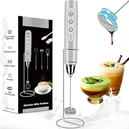 Milk Frother Handheld Rechargeable with Stand, Frother Wand Drink Mixer Electric Whisk for Coffee, Detachable With 3 Stainless Whisks, Hand Mixer for Lattes, Cappuccino, Matcha, Egg, Silver