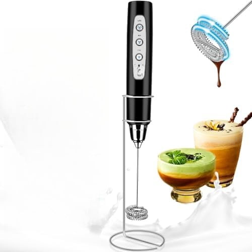 Milk Frother Handheld Rechargeable with Stand, Frother Wand Drink Mixer Electric Whisk for Coffee, Detachable With 3 Stainless Whisks, Hand Mixer for Lattes, Cappuccino, Matcha, Egg, Black