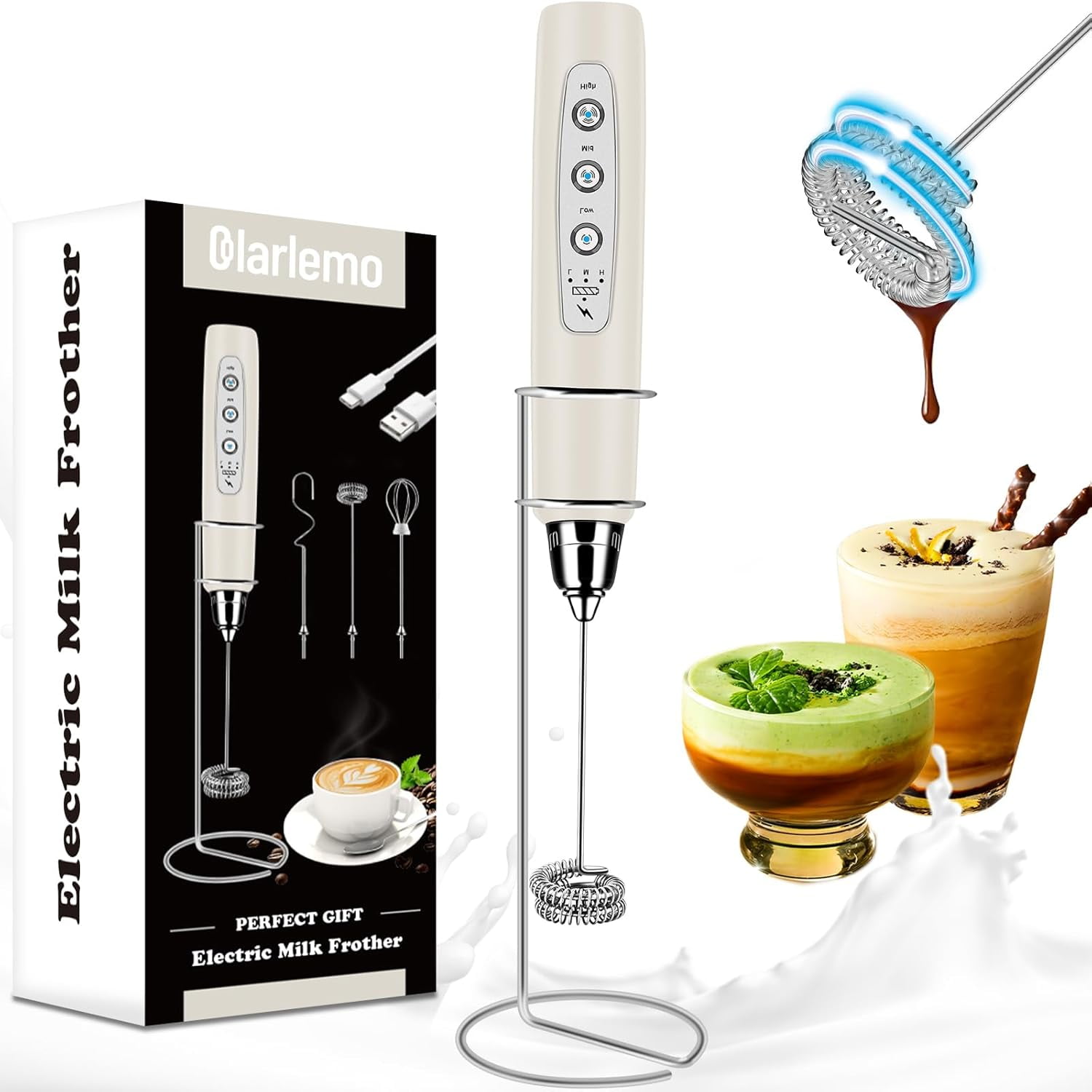 Milk Frother Handheld Rechargeable With Stand  Wand Drink Mixer Electric Whisk For Coffee Detachable 3 Stainless Whisks Hand Lattes Cappuccino Matcha Egg Beige